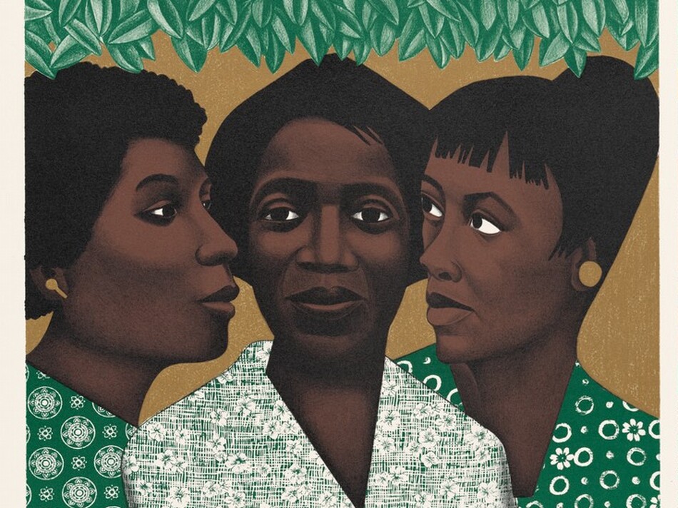 Three women's faces standing side-by-side. The two on either side are face each other and the middle one is facing straight ahead.