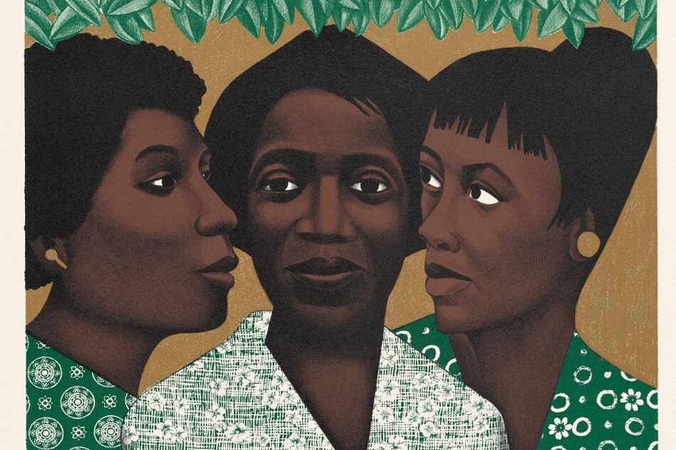 Three women's faces standing side-by-side. The two on either side are face each other and the middle one is facing straight ahead.