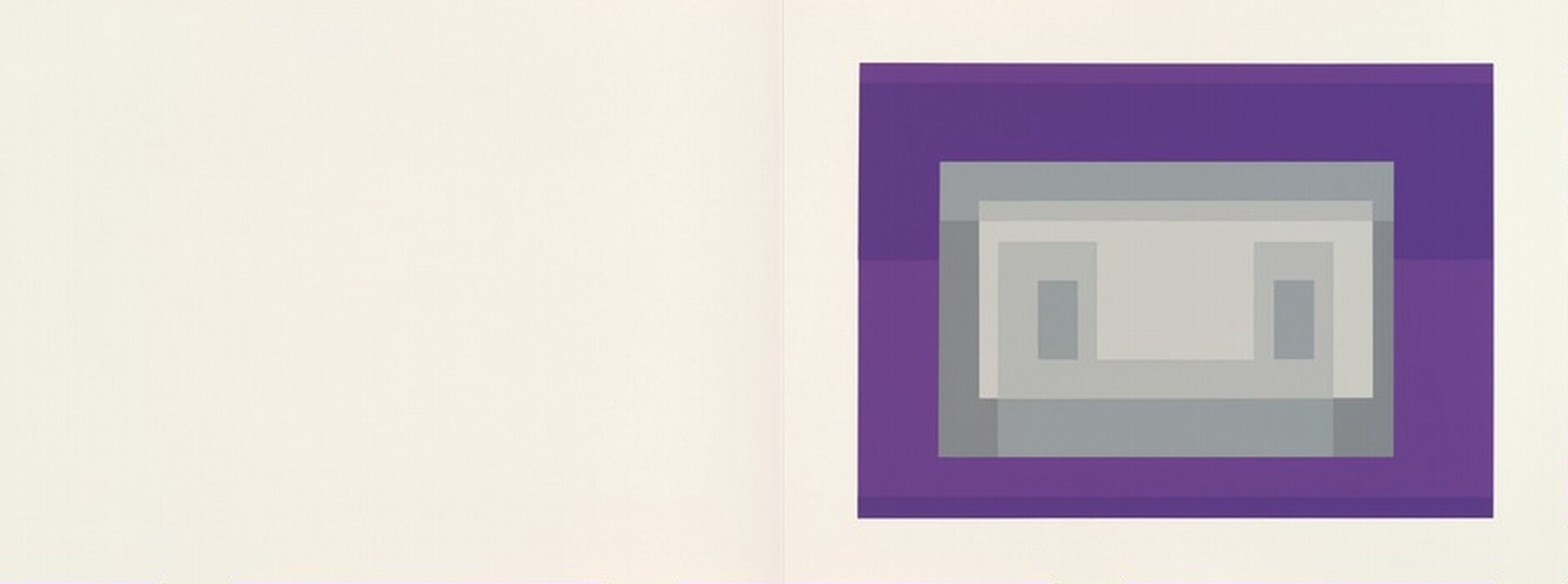 The image shows a composition of rectangular shapes layered concentrically towards the right portion of the canvas, with a predominance of purple, grey, and lavender hues. This abstract arrangement creates a sense of depth and structure. The contrast between the deep purple outer layers and the lighter grey inner shapes draws the eye inward.