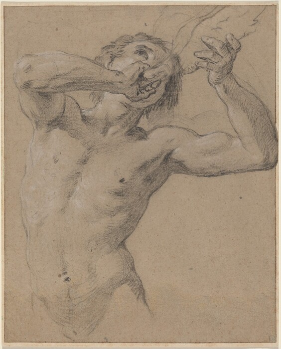 The image depicts a man from the thighs up, in a dynamic pose with his body twisted to the side. His right arm is raised, bent at the elbow, with his hand near his mouth, and his left hand is raised above his head. The man's facial features are partially obscured by his hand, his eyes are directed upwards, and he has mid-length hair. He is not wearing any clothing, and his muscular torso is detailed. The background is a simple, textured surface.
