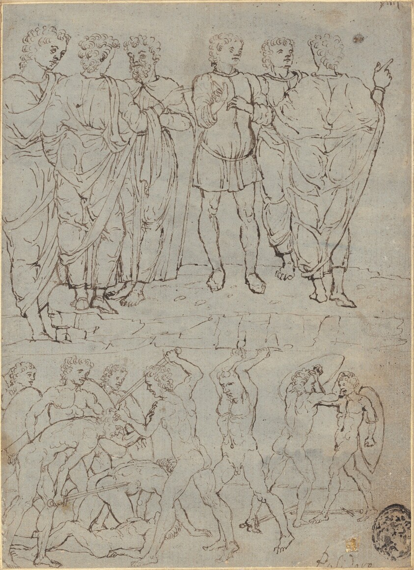 Six Conversing Men and Ten Battling Nudes