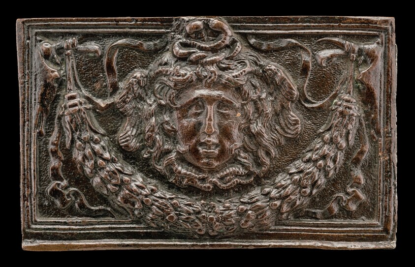 End panel of a writing casket: Medusa Head, Garland, and Bucrania