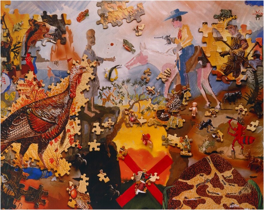 The image displays an abstract assembly of interlocking puzzle pieces on a colorful and dynamic background. The puzzle shows a mix of elements like a cowboy on a horse, a turkey, an old man, a doll, and insects set against a desert-like backdrop. The puzzle is partially completed, revealing a surreal landscape. Some notable features include a detailed turkey in red and brown hues, a fox's face, and a red "X" across part of the composition. Objects appear to wander across the scene, creating an impression of incomplete stories and fragmented reality. Additionally, elements are depicted both on the puzzle and within the painted background, blurring the distinction between the two.