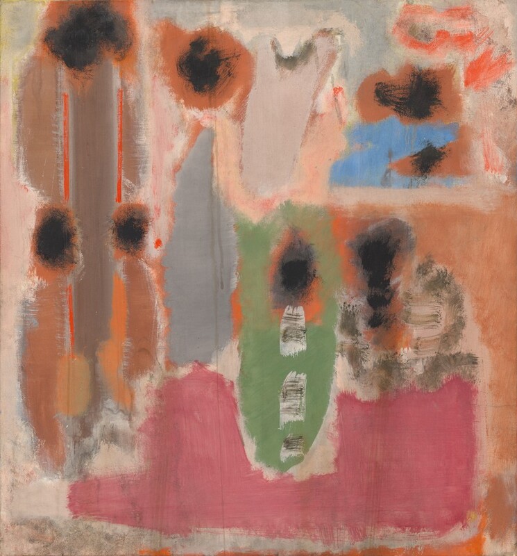 Clusters of geometric forms with blurred and feathered edges, in muted tones of laurel green, coral orange, sky blue, gray, pewter black, and raspberry pink, fill this vertical abstract painting.