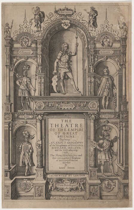 This is a drawing of an elaborate title page. The page is decorated with classical architectural elements such as pillars, arches, and motifs. In the center, there is a large arch framing a central figure with a shield and staff, above the words "Britannia." Surrounding this are additional arched niches with figures labeled as "A Romane," "A Dane," "A Saxon," and "A Norman," each depicted in period-appropriate attire and armed with swords and shields. Above the central arch are two smaller figures in dynamic poses. In the middle of the page are the words "THE THEATRE OF THE EMPIRE OF GREAT BRITAINE" and text detailing an "exact geography" of England, Scotland, Ireland, and nearby isles. The document is imprinted at London in 1611. The border includes various crests, masks, and foliage, enhancing the design. The composition is detailed with fine line work, showcasing intricate attention to detail and classical design elements from the early 17th century.