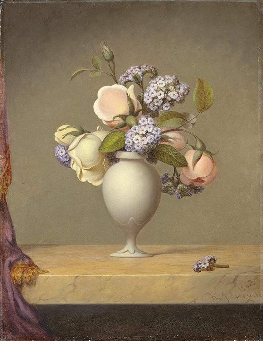 Roses and Heliotrope in a Vase on a Marble Tabletop