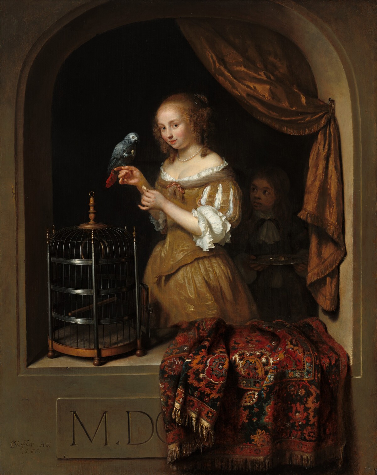A Woman Feeding a Parrot, with a Page