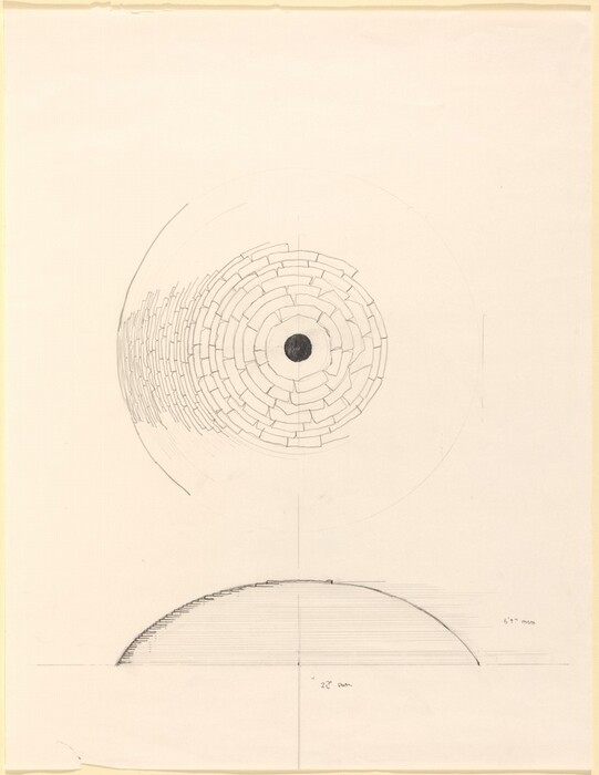 The image shows a large circle divided into smaller brick-like shapes, with a solid black circle at its center. Below the circle, there is a curved line with fine parallel lines for a 3D effect, and measurements are annotated near these elements.
