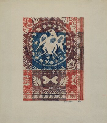 “Coverlet: Eagle Coin”. This is a painting of a decorative textile pattern featuring an eagle and geometric motifs.