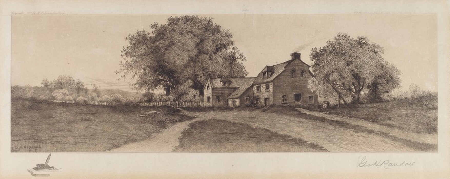 The image shows a landscape with a country house to the right, surrounded by trees. A path curves from the lower left corner toward the house. The horizon is suggested by the tree line and distant landscape. The illustration features stippling and intricate linework giving texture to the scene. The color palette is monochromatic sepia. The sky is clear with subtle clouds.