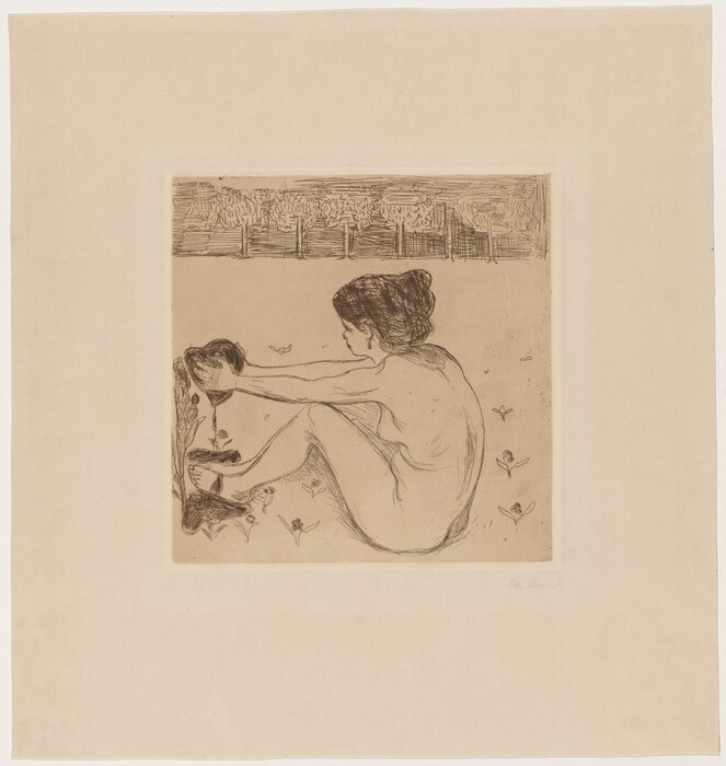 The image shows a person sitting on the ground sideways. The individual is seated with knees bent, arms stretched forward, and appears to interact with a bird. The figure has discernible facial features with a profile view, styled hair, and is unclothed. Small plants or flowers grow around the person, and the background features a stylized landscape with trees and shrubs drawn with intricate line work. There are no visible jewelry or additional objects other than the bird.