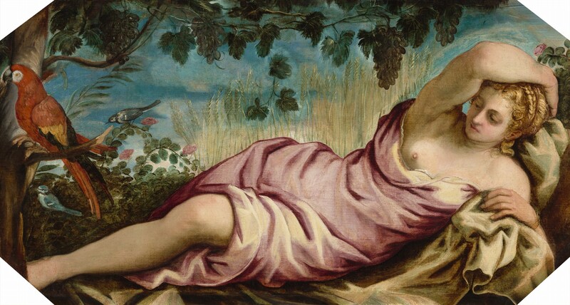 A pale-skinned woman with honey-blond hair reclines among wheat stalks and grape vines in this horizontal painting. She lies on her side with her head to our right and her body facing us. Her upper body is propped on her left elbow. Her other arm is raised and bent at the elbow so her hand cups the back of her head. Her bottom hand rests on a tan-colored cloth spread under her, and her head tilts down as she looks with hooded eyes off to the left. Curls frame her face, and braids cross the top of her head. She has flushed cheeks, smooth skin, and pink lips. A mauve-pink garment wraps around her torso and legs but leaves her shoulders, one breast, and her bottom leg bare from the knee down. That foot disappears behind a section of a dark brown tree trunk that rises up the left side of the composition. A brick-red parrot with gold and black wings and tail sits on a short, broken branch there, facing our left. A slate-blue bird sits on the curving branch of a bush nearby, which has oval-shaped, moss-green leaves and delicate pink blossoms. Dark green grape leaves and clusters dangle over the woman from the top edge of the canvas, and almost span the width of the painting. Beyond the woman is a row of golden wheat stalks against a celestial-blue sky. The corners of the image are white, indicating that the painting had been shaped or framed to create an elongated, octagonal shape.