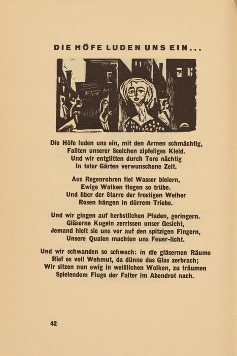 This is a drawing of a stylized urban scene. The monochromatic drawing depicts tall buildings with several silhouetted figures in the foreground. The central figure appears more detailed, with facial features and a patterned garment. Below the drawing, there is a block of text, which seems to be a poem in German.
