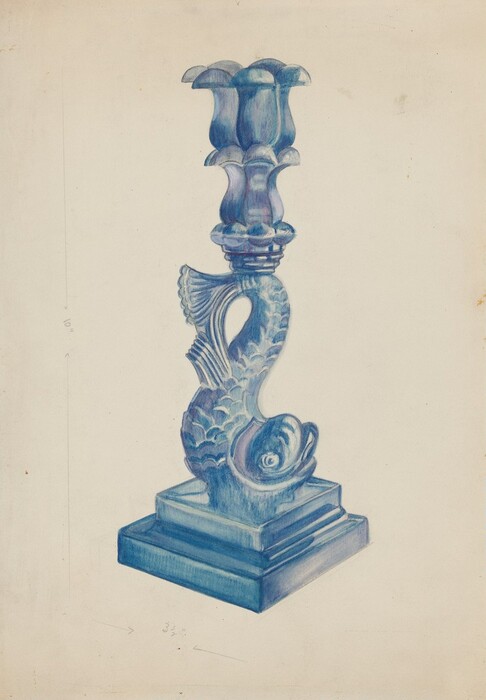 The image displays a candle holder designed like a stylized fish, placed on a square base with a tall column. The color scheme includes various shades of blue with some highlights. The candle holder is centered in the frame against a plain, off-white background.