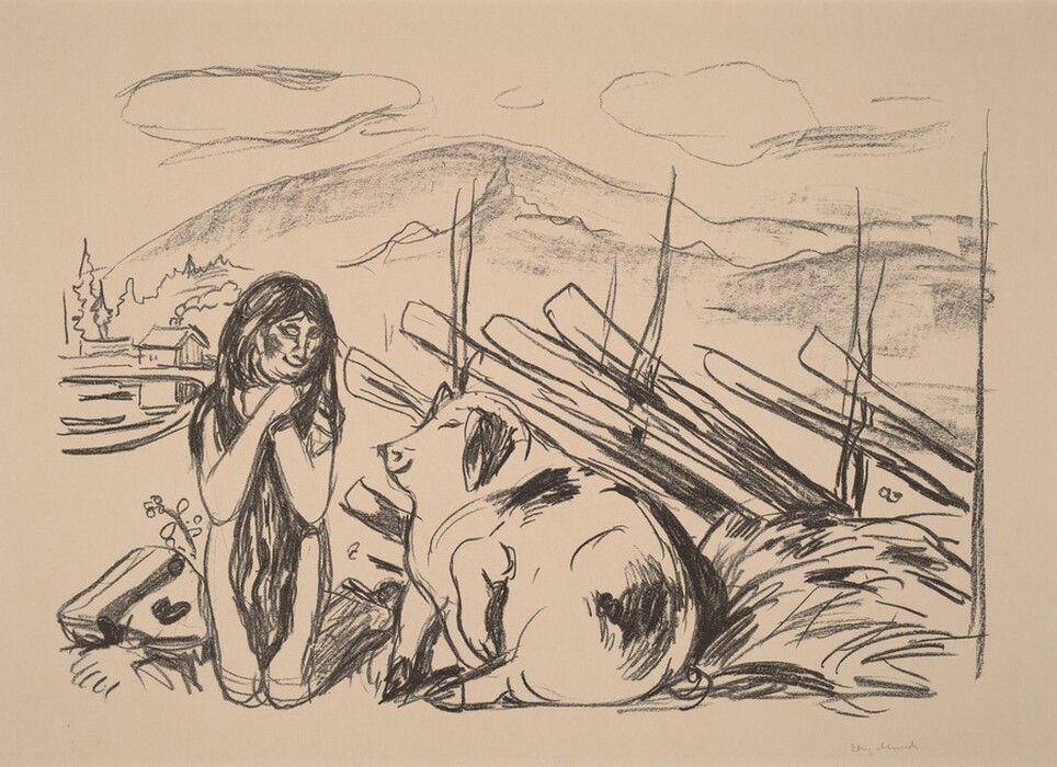 The image shows a person with a pig in a rural setting. They are in the foreground with a rustic fence behind them. In the background, there are mountains, trees, and some structures. The drawing is done in a loose, sketch-like style depicting a moment of interaction between the person and the pig.