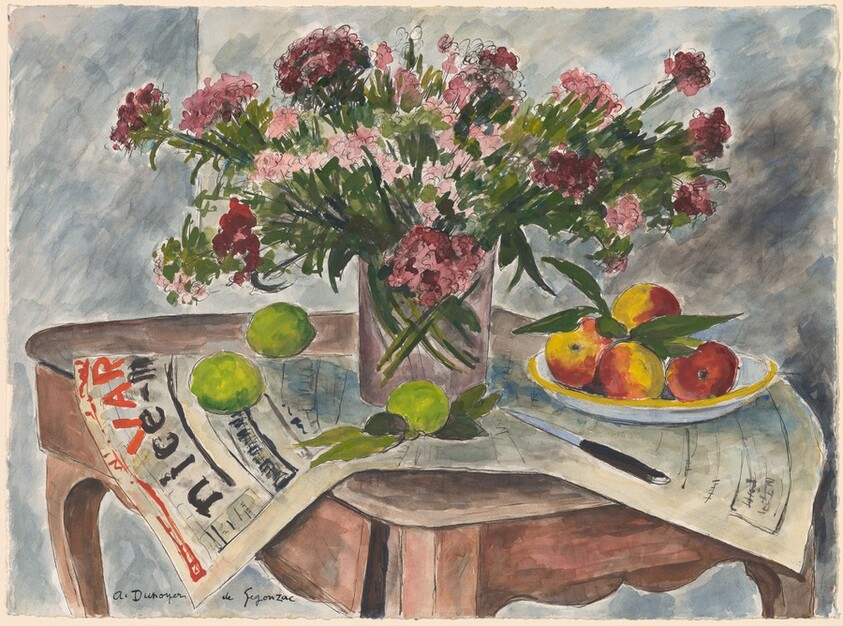 Fruits with a Vase of Flowers on a Table
