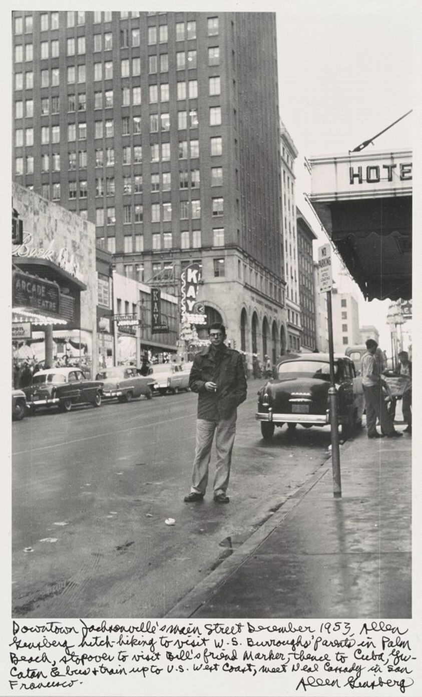 Downtown Jacksonville's main street December 1953, Allen Ginsberg hitch-hiking to visit W.S. Burroughs' parents in Palm Beach, stopover to visit Bill's friend Marker, thence to Cuba, Yucatan & bus & train up to U.S. West Coast, meet Neal Cassady in San Francisco.