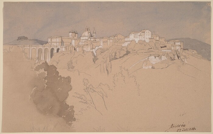 The image shows an aerial view of a hillside town. The town's buildings are depicted with soft brushstrokes, displaying classical architectural elements. The horizon is placed higher in the image, allowing a view of the town's ridgeline. In the foreground, there are outlines of trees and bushes in tan and soft brown shades. A viaduct with arches stretches across the landscape in the distance. The sky is a muted gray-blue tone, possibly indicating a calm or overcast atmosphere. The use of neutral tones and fine lines gives the drawing a contemplative quality.
