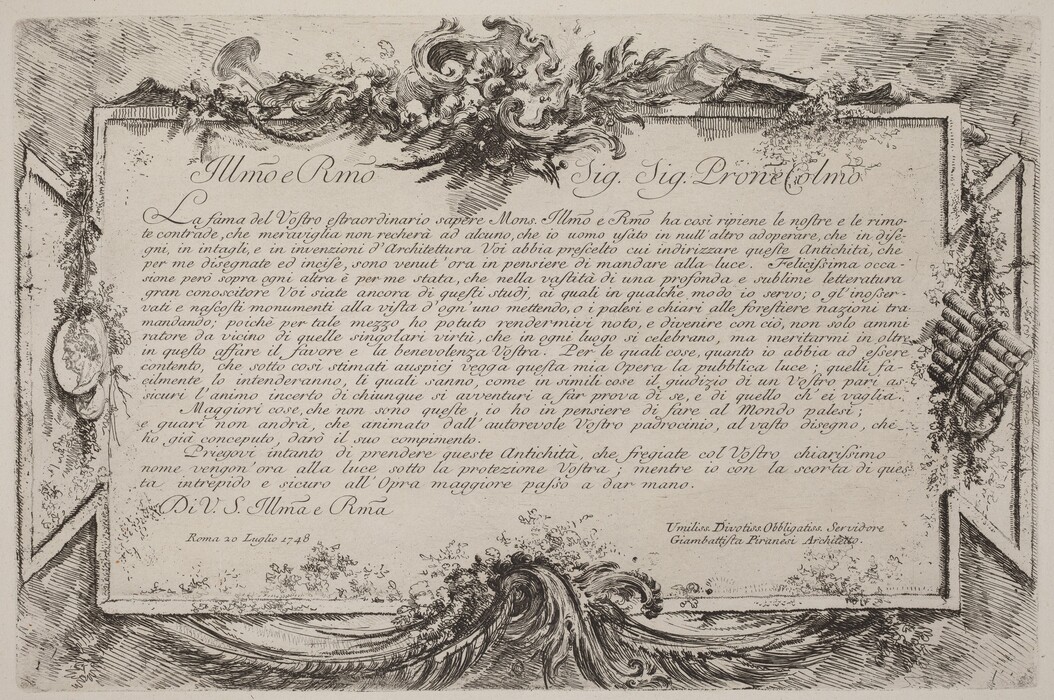 This is a drawing of an ornate decorative document. The drawing features a central block of text, meticulously handwritten in a calligraphic style. Surrounding the text are elaborate decorative elements, including floral motifs and swirling waves at the top. To the left, there is an oval cartouche containing a portrait of a face in profile framed with foliage. On the right, there are bundles of sticks depicted. The overall composition is balanced and harmonious, showcasing intricate detailing and a sense of classical artistry reminiscent of 18th-century European documents.