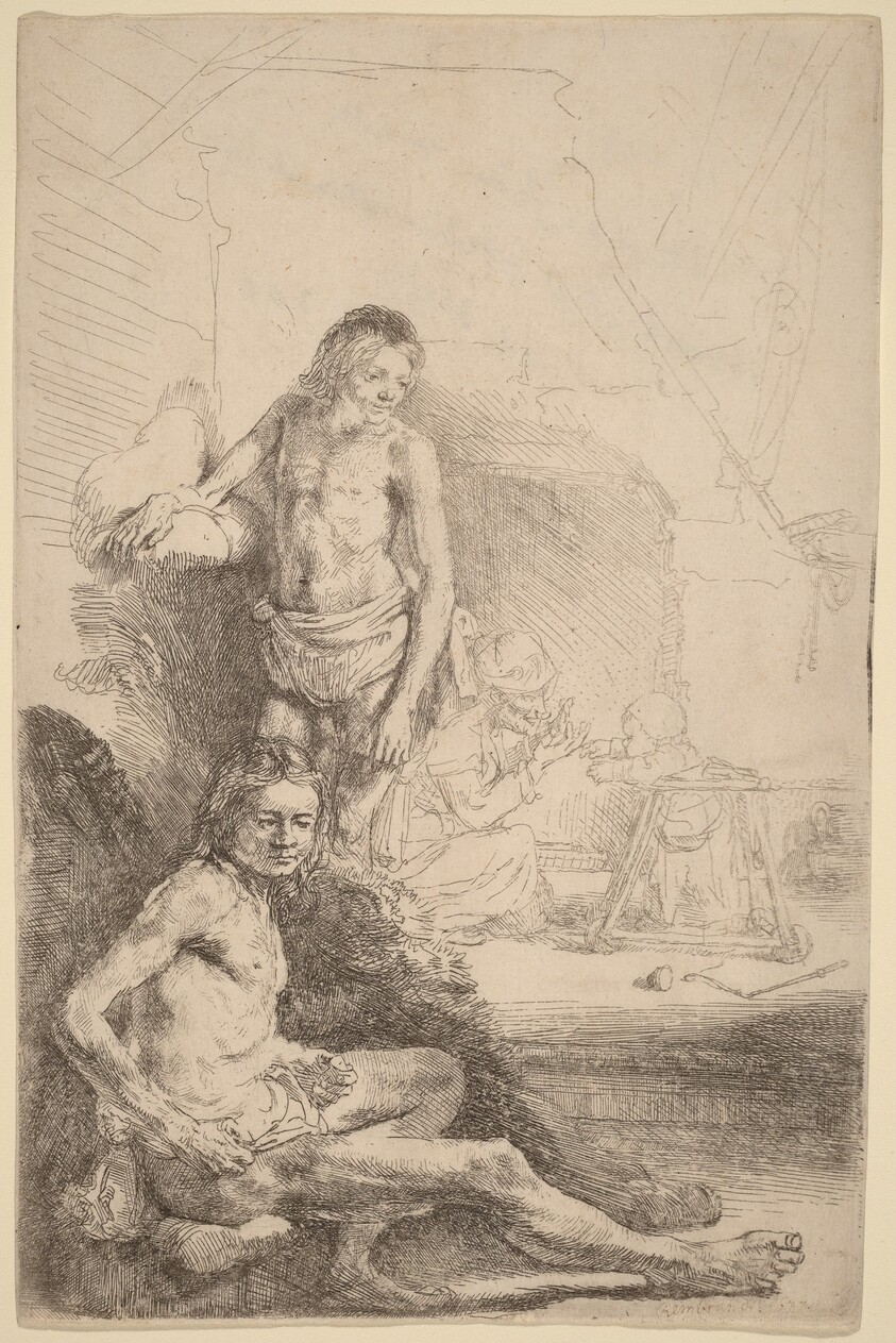 Nude Man Seated and Nude Man Standing,  with a Woman and Baby in the Background