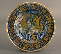 Large dish with running plant border; in the center, horsemen fighting, Deruta 16th Century, c. 1500/1520