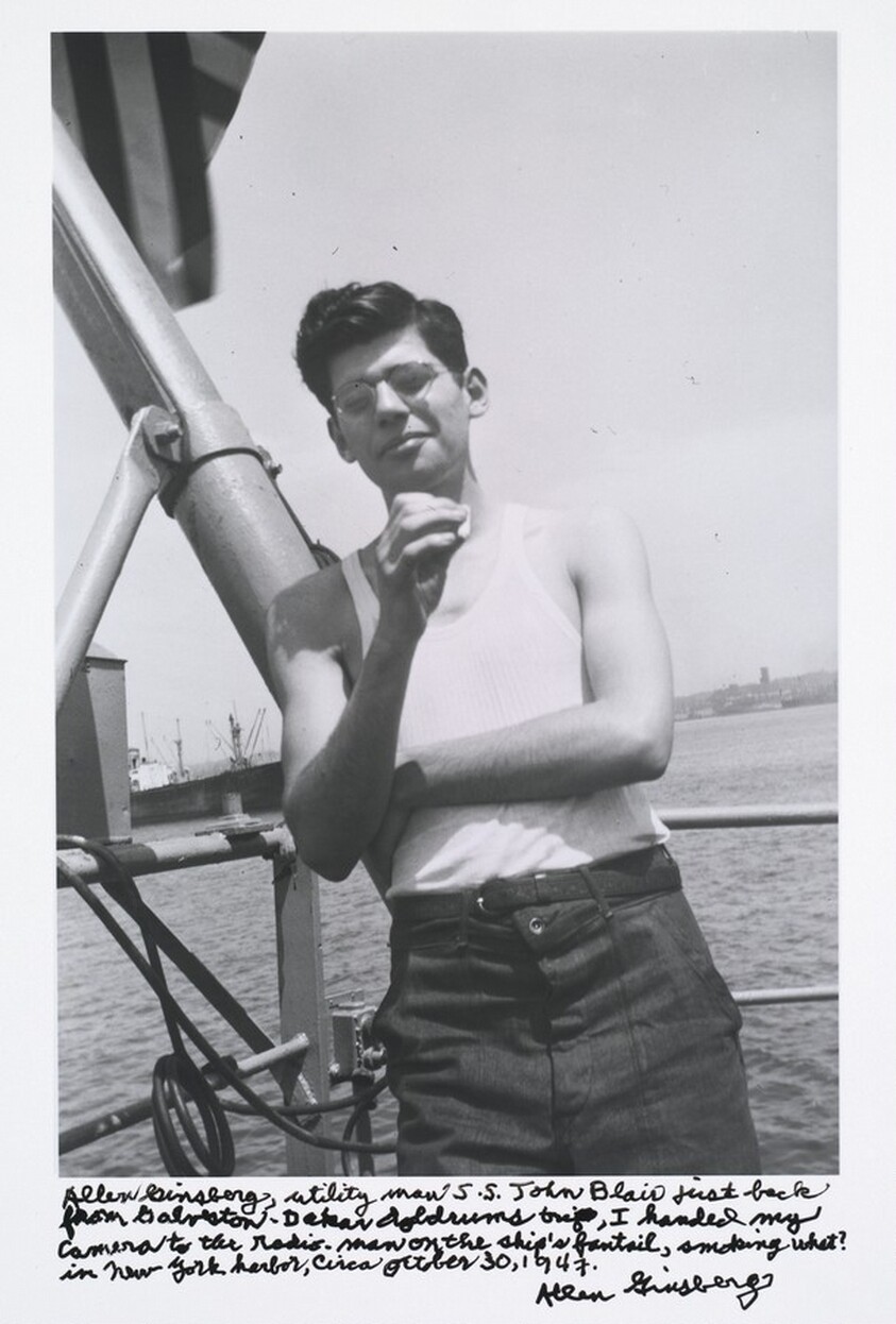 Allen Ginsberg, utility man S.S. John Blair first back from Galveston-Dakar Doldrums trip, I handed my camera to the radio-man on the ship's fantail, smoking what? In New York harbor, circa October 30, 1947.