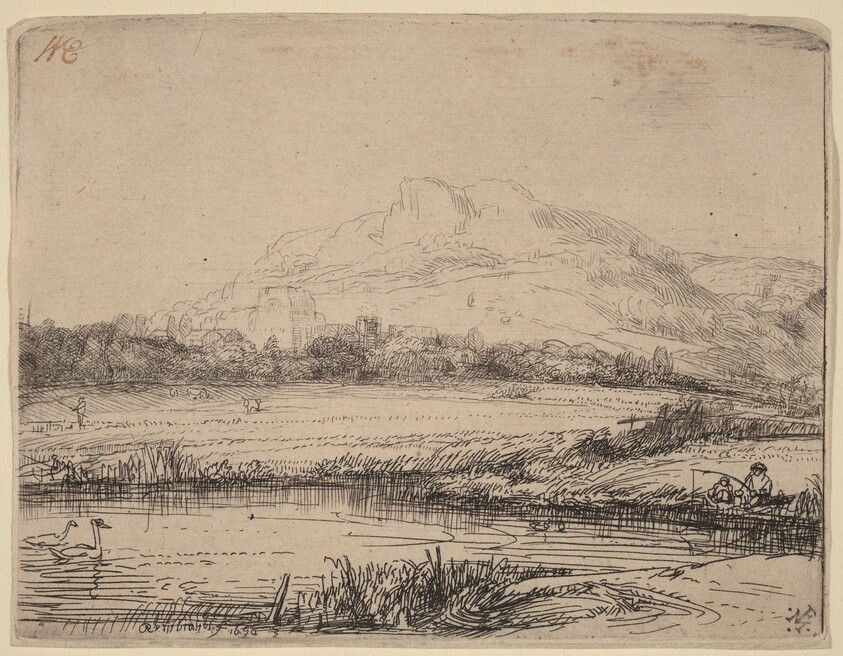 Canal with an Angler and Two Swans