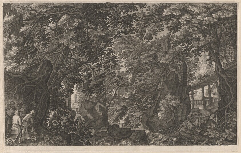 Hunters in a Forest near a Wooden Bridge