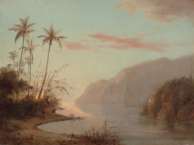 A wide creek winds between a tree-lined bank to our left and hazy mountains to our right in this horizontal landscape painting. The riverbank curves deeply like a backward capital letter B. Marshy grasses grow in tufts, and palm and other trees grow in a grove to our left. One brown-skinned person wearing only a white cloth around the hips carries a long stick near the shoreline. Dabs of brown and muted dark pink suggest other people farther along the riverside. Tree-covered boulders jut into the creek from our right. A band of rocky, mountains are smoky mauve-pink across the rightmost two-thirds of the horizon, which comes a third of the way up the composition. The butter-yellow sun is low on the horizon to our right, peeking through the grove of palm trees. The light pours across the placid surface of the creek, creating a soft yellow streak next to the reflection of the mountain ridge. A few heather-pink clouds drift across the pale turquoise sky. The artist signed and dated the painting in the lower left corner, “C. Pizarro. 1856. Paris.”