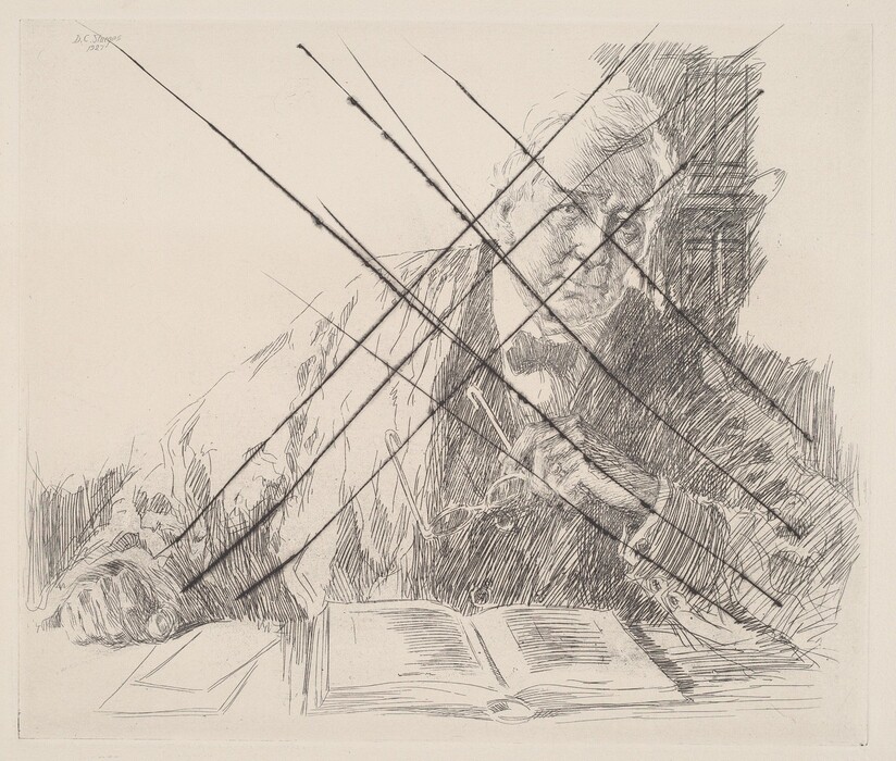 The image shows an intricate mesh of diagonal lines crisscrossing the scene. A figure resembling a man with glasses and facial features emerges amidst the lines. There is an open book in front of the figure, suggesting someone absorbed in reading or studying.