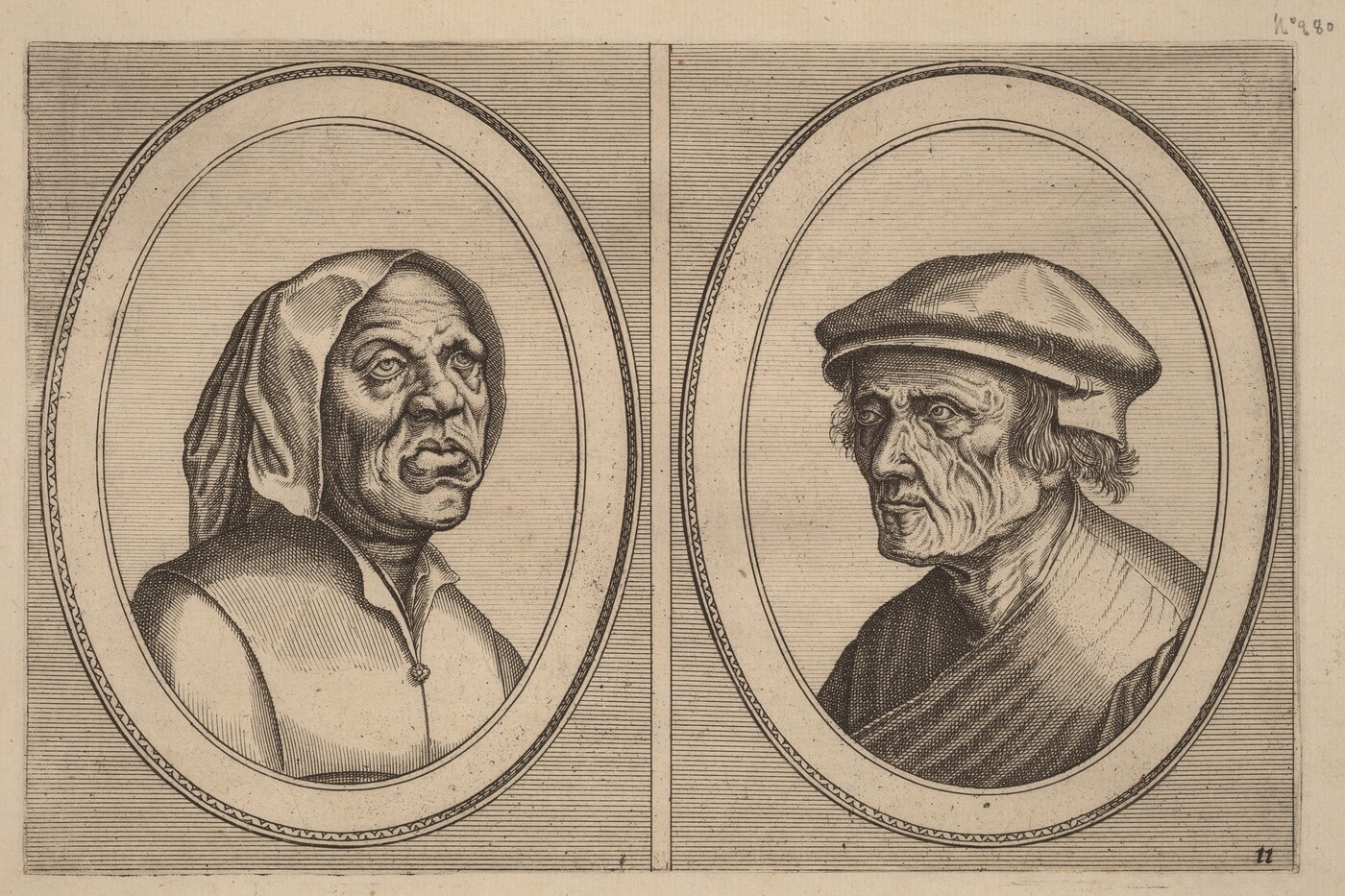The image is an engraving depicting two individuals, each shown from the shoulders up within separate oval frames. The person on the left is wearing a headscarf that drapes over their head and rests on their shoulders. Their facial features are pronounced, with a furrowed brow and deep-set eyes. The person on the right has high cheekbones, a prominent nose, and thin lips, and is wearing a soft beret-like hat. The background within the ovals is lined, providing contrast to the detailed features of the subjects, while the remainder of the background is plain and unadorned.