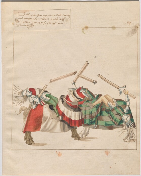 This is a drawing of two armored figures on horseback engaging in a jousting match. The scene captures the moment where both lances have shattered upon impact. The horses are adorned with elaborate caparisons—one predominantly in red and white, the other in shades of green. The riders are in full armor, with their armor designs reflecting a historical style. The detail in the drawing highlights the movement and energy of the scene, with the action centered around the breaking lances and the postures of the horses and riders. The paper shows signs of age, with text written at the top and some spots, adding to the historic appeal.