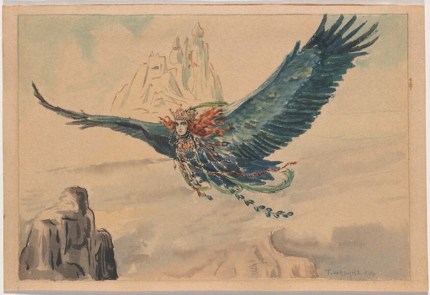 A Winged Sorceress Soaring above Mountains