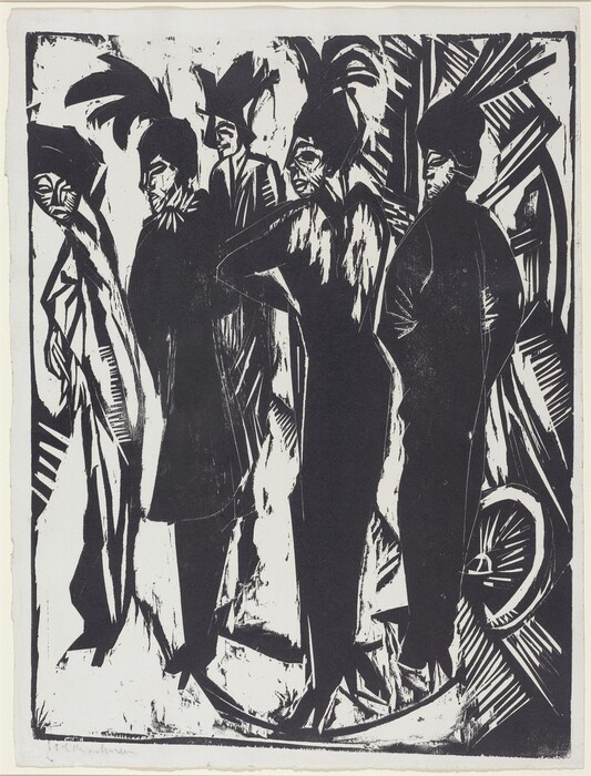 Printed with bold, black, angular lines and slashes on white paper, five stylized women stand in a loose row across the width of this vertical woodcut. All five wear long, dark coats or dresses. The leftmost woman wears a turban-like hat, and the others have hats topped with long plumes. Their bodies are narrow and taper to their feet, and all the women appear to stand with hands in pockets except the frontmost, who braces one hand on her hip. Their features are roughly carved with almond shapes or slits for eyes, thickly outlined lips, heavy eyebrows, and some horizontal shading on the cheeks. The all face our left in profile except the leftmost woman, who faces us. Some abstracted forms, including a wheel, fill the right quarter of the composition. The rest of the background is white except for some carving marks that printed black.