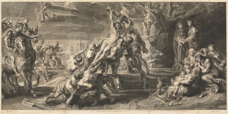 A group of muscular men lift a cross onto which a man has been nailed in this long engraving, which is printed with fine black lines and shading on three joined sheets of off-white paper. The bearded person on the cross, Jesus, is also muscular and wears only a loincloth across his hips. A ring of thorns is thrust onto his head, and he looks up. Eight men struggle to raise the cross, and one of them pulls on a rope tied to the crossbeam. Muscles bulge across the backs of two bare-chested men on our side of the wooden cross. Two of the others are also shirtless. Two wear armor, and the final two men wear long-sleeved robes. Three women, two children, and a dog cluster in the lower right corner on the right sheet. A woman and a clean-shaven man stand behind them, and they all look on with mouths open or lips downturned. Six people look on from behind and around the opening of a deep cave behind the standing man and woman. Four men are on horseback to our left. Three wear helmets, and one of those looks out at us. The bareheaded man gestures toward Jesus with a scepter. Men nail the hands of another person to a wooden cross in the background to the left, and a bound man is led to our right. Clouds streak across the sky over a town in the distance. Inscriptions printed below the image in the lower left margin reads, “PP Rubens pinxit, H. Withouc sculpsit Ao 1638.” Text printed under the center of the image reads, “D CORNELIO VANDER GEEST VIRORVM OPTIMO ET AMICORVM VETVSTISSIMO SVOQVE AB ADOLESCENTIA PERPETVO FAVTORI ATRISQVE PICTORIAE SVMMO DVM VIXIT ADMIRATORI MONVMENTVM HOC ATERNAE AMICATIAE QVOD SVPERSTITIT DESTINARAT DEFVNCTO L.M.D.D.Q. Ex Tabula Walburgensis Ecclesiae cuius ipse praecipuus Author et prmotor fuit.” An inscription in the lower right margin reads, “Cum priuilegiis Regis Christianissimi Principum Belgaruin et Ordinum Batauiae.”