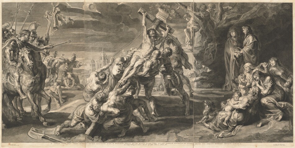 A group of muscular men lift a cross onto which a man has been nailed in this long engraving, which is printed with fine black lines and shading on three joined sheets of off-white paper. The bearded person on the cross, Jesus, is also muscular and wears only a loincloth across his hips. A ring of thorns is thrust onto his head, and he looks up. Eight men struggle to raise the cross, and one of them pulls on a rope tied to the crossbeam. Muscles bulge across the backs of two bare-chested men on our side of the wooden cross. Two of the others are also shirtless. Two wear armor, and the final two men wear long-sleeved robes. Three women, two children, and a dog cluster in the lower right corner on the right sheet. A woman and a clean-shaven man stand behind them, and they all look on with mouths open or lips downturned. Six people look on from behind and around the opening of a deep cave behind the standing man and woman. Four men are on horseback to our left. Three wear helmets, and one of those looks out at us. The bareheaded man gestures toward Jesus with a scepter. Men nail the hands of another person to a wooden cross in the background to the left, and a bound man is led to our right. Clouds streak across the sky over a town in the distance. Inscriptions printed below the image in the lower left margin reads, “PP Rubens pinxit, H. Withouc sculpsit Ao 1638.” Text printed under the center of the image reads, “D CORNELIO VANDER GEEST VIRORVM OPTIMO ET AMICORVM VETVSTISSIMO SVOQVE AB ADOLESCENTIA PERPETVO FAVTORI ATRISQVE PICTORIAE SVMMO DVM VIXIT ADMIRATORI MONVMENTVM HOC ATERNAE AMICATIAE QVOD SVPERSTITIT DESTINARAT DEFVNCTO L.M.D.D.Q. Ex Tabula Walburgensis Ecclesiae cuius ipse praecipuus Author et prmotor fuit.” An inscription in the lower right margin reads, “Cum priuilegiis Regis Christianissimi Principum Belgaruin et Ordinum Batauiae.”