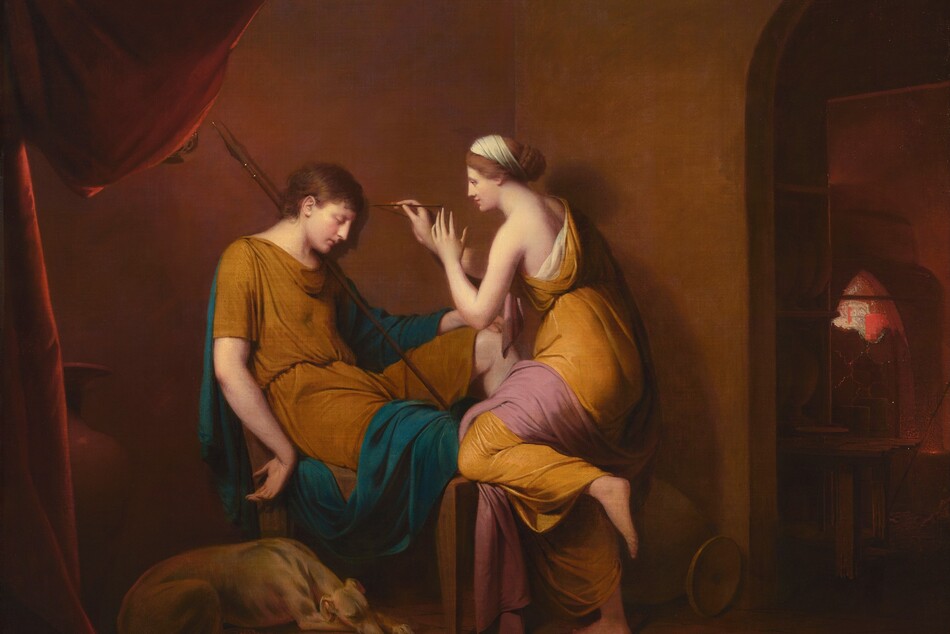 A woman leans forward to trace the shadow cast by a sleeping young man on a wall in a dimly lit room in this horizontal painting. Both people have smooth, pale skin, long, straight noses, thin lips, and brown hair. The man sits and sleeps on a deep, wood chair. The scene is lit from over our left shoulder so he casts a shadow on the brown wall on which he leans. His right arm, closer to us, hangs by his side with his palm turned to face away from his body. The other arm lies across his bent knee. He wears a harvest-yellow tunic, and a sapphire-blue cloak drapes over his far arm and the thigh closer to us. A long spear rests across one shoulder, and a thin, muted-brown dog, like a greyhound, sleeps on the ground by the man’s side. The woman leans one knee onto the chair and reaches out with a stylus to capture the man’s shadow. She is barefoot and smiles gently at his face. She also wears a dark yellow dress, which exposes one bare shoulder. A mauve-pink cloth wraps over one shoulder and the bent thigh. A deep red curtain bunched up in the upper left corner hides the light source. An urn, nearly as tall as the chair, stands behind the man and another is tipped over behind the woman. An arched opening leads into a darkened room to our right. Rectangles of red and white seen through the top of a pointed arched window there are difficult to interpret. A table and some shelves with more urns are deep in the shadows.