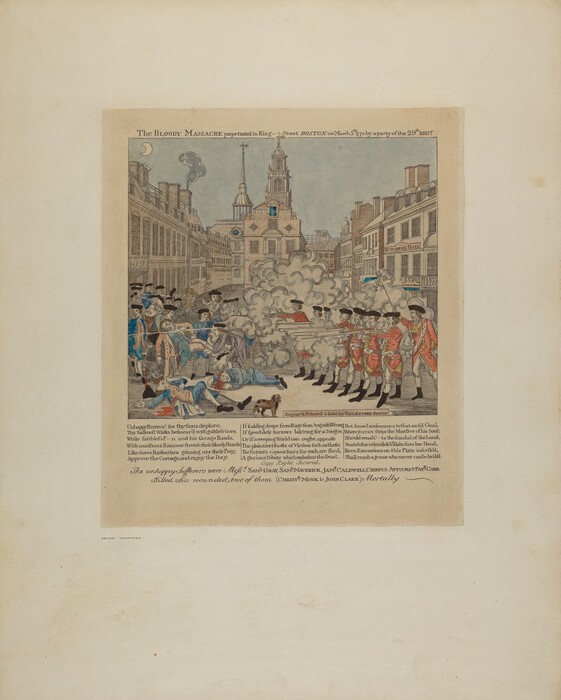 This is a painting of a historical scene showing a confrontation between soldiers and civilians on a city street. The image depicts an event known as "The Bloody Massacre" in Boston and is set in an urban landscape with buildings on both sides of the street. A significant church or public building is seen in the background, with a cloud of smoke in the center, indicating gunfire. On the left side, a group of civilians appear distressed, some on the ground, while on the opposite side, soldiers stand in a line, some firing weapons. The scene conveys chaos, violence, and unrest. The style is reminiscent of Paul Revere's engravings of American Revolutionary themes.