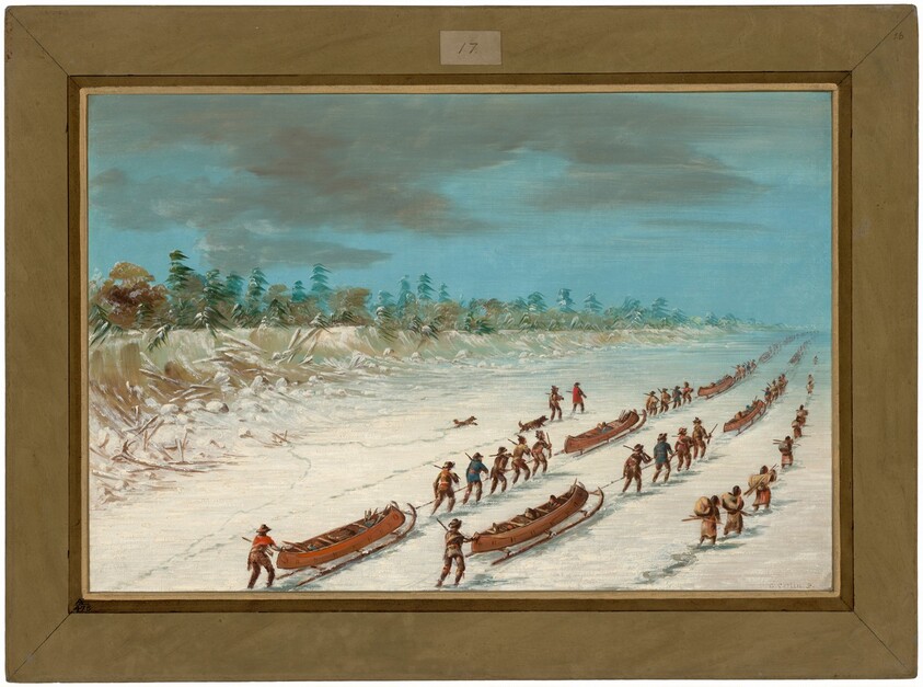 La Salle Crossing Lake Michigan on the Ice.  December 8, 1681
