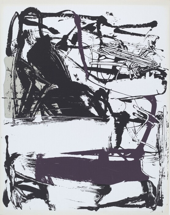 The image displays bold, sweeping black brushstrokes and sharp, jagged lines interwoven across the canvas in an abstract composition. The mix of solid and fluid forms combined with overlapping and crossing strokes gives the impression of energy and dynamism.