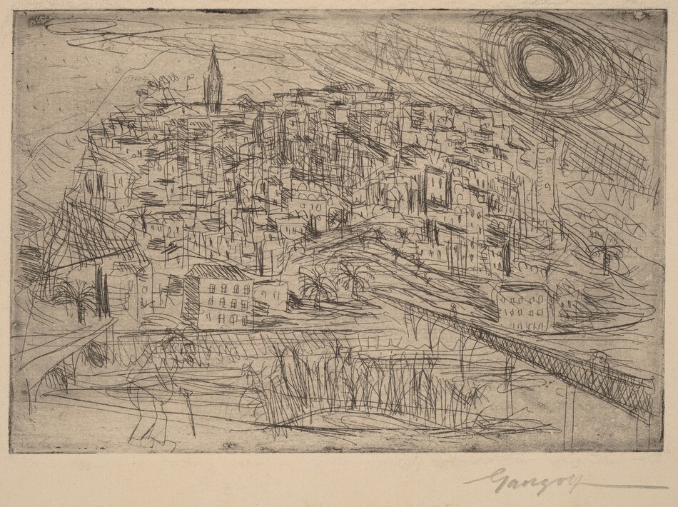 The image shows a bird's-eye view of a densely built hillside town. The horizon is set high, with the top of the hill housing a prominent spire, likely a church, which stands out in the composition. The town is a complex network of rectangular structures. The style is loose and sketch-like, with thin, swirling lines creating a sense of movement. The color palette is monochromatic, using gray and black on a cream background. Detailed buildings and winding roads close to us lead into the town, highlighting the layered architecture stretching into the distance. In the upper right corner, there is a swirling, dark circle.