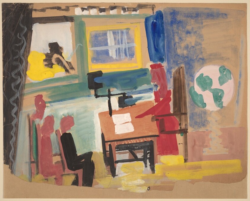 Seated Figure Behind a Desk and Two Standing Figures