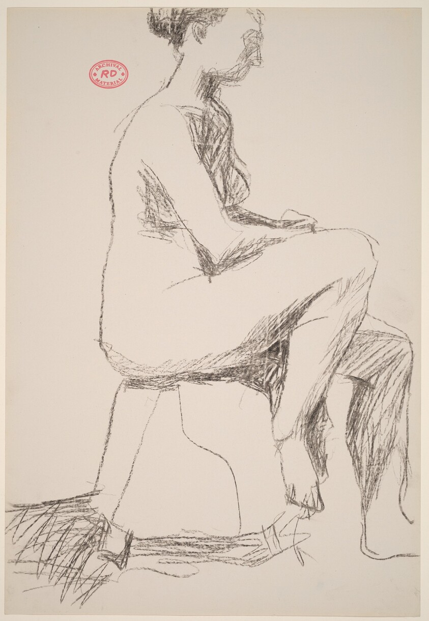 Untitled [seated female nude on a short stool]