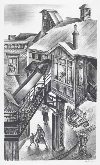 This is a drawing of an urban street scene with architectural elements and street activity. The image shows an elevated structure, possibly a railway station or walkup with a staircase leading to the street level. The structure appears to be made of wood, with multiple windows and a peaked roof. Below, there are figures walking on the street and a cart near the sidewalk. The nearby buildings have textured brickwork, and a small sign reading "Bar Gr" is partially visible. One window has a figure looking out towards the street. Shadows are present, and detailed line work highlights the architectural details and the cobblestoned street.