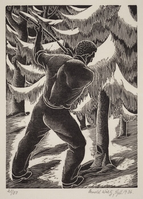 The image features a person standing in a snowy forest, shown from behind as they appear to be chopping wood. The individual is positioned with their feet apart, legs slightly bent, and left arm down; the right arm is raised holding an axe above their shoulder. The person has short, curly hair, and their head is turned slightly to the right. The clothing consists of a long-sleeved shirt, rolled-up sleeves, pants, and boots. The person is holding an axe with no visible jewelry. The background shows snow-covered evergreen trees, creating a forest setting. The artistic style of the image resembles a woodcut illustration, with textured details.