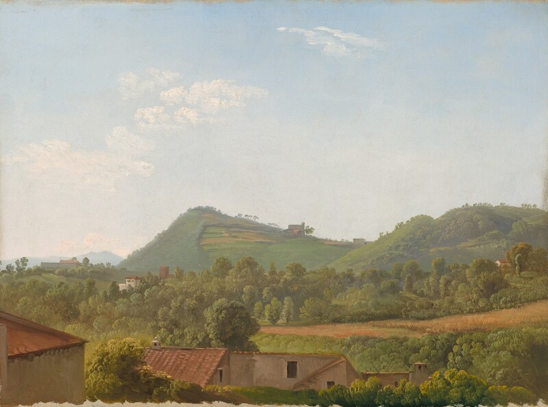 Soft green hills carpeted with plants sweep away from us in the bottom third of this horizontal painting on paper. A few terracotta-red roofs the upper expanses of tan-colored walls are nestled into the trees along the bottom edge of the paper. A few more structures with cream-white walls are tucked among trees in the distance before grassy hills surge up along the horizon. A few clouds drift across the hazy, pale blue sky above. The edges of the paper are visible especially along the top and bottom edges.