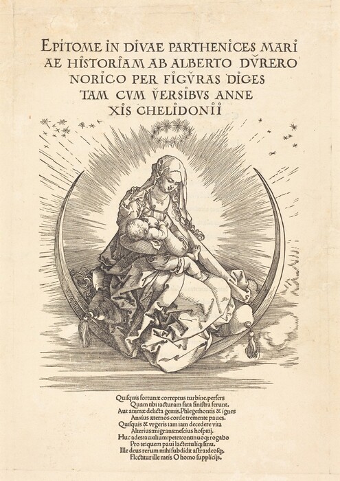 The image features a woman sitting on a crescent moon holding a child. The woman appears serene with closed eyes and long hair. The child has curly hair and faces upwards. The woman wears draped robes, a veil, and a crown of stars. The crescent moon has an ornate border, and both figures are surrounded by radiating lines. Small stars are scattered in the background. Latin text is at the top, and additional verses are below the figures on a textured paper background.