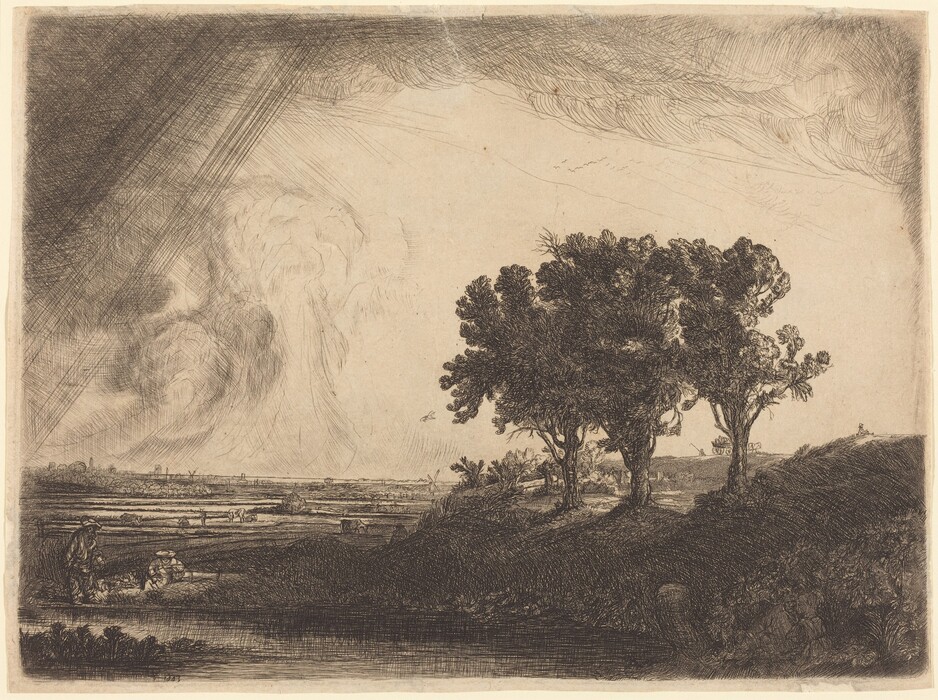 Printed with deep, black shadows and swirling or straight lines on pale tan-colored paper, three trees stand on a grassy bank alongside a body of water, probably a river or canal, in this horizontal etching, engraving, and drypoint. The grassy bank reaches almost two-thirds of the way across the composition from the right edge. At least two people, a horse-drawn wagon or carriage filled with more people, and a town, all minuscule in scale, are tucked under or beyond the trees. The face of the bank directly opposite us is dark in shadow and the details of plants and the waterline are hard to make out. The bank tapers down so the distant horizon, which comes about a third of the way up the composition, stretches across the left half of the print. One person sits and one stands, fishing, by the water in the lower left corner. People work and cows stand or lie in the flat field beyond the water, and buildings and windmills created with a few strokes of the burin or etching needle are tiny in the far distance. The deeply shaded three trees are outlined starkly against the white sky. Dark clouds pour across the top of the sheet and enter along the left edge, and diagonal lines across the top left corner suggests falling rain. The artist signed and dated the print among grasses in the lower left corner of the printed image: “Rembrandt f. 1643.”