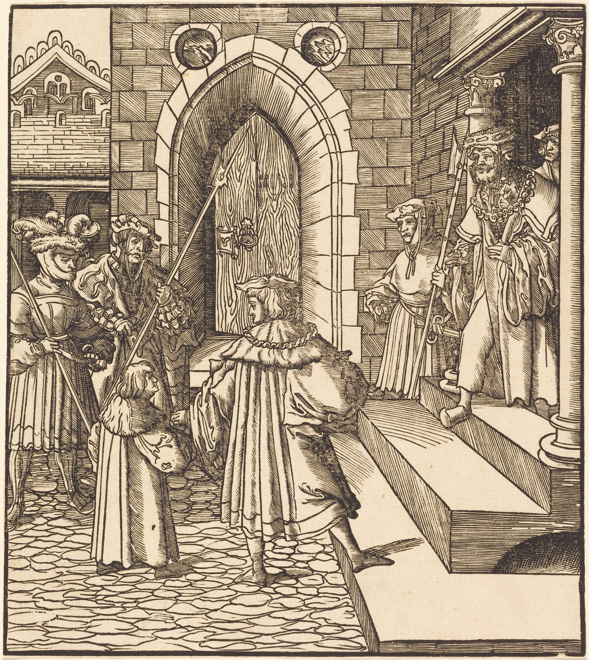 Three Men and a Boy in the Court of a Castle, to the Right Three Men on a Staircase
