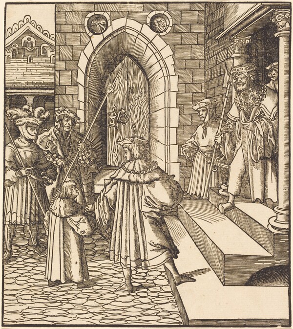 Three Men and a Boy in the Court of a Castle, to the Right Three Men on a Staircase